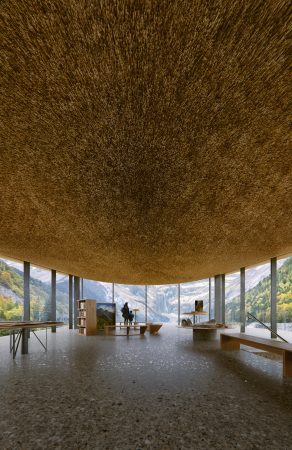 Vue d'artiste du projet du Cabinet Kengo Kuma. Plafond de chaume.
