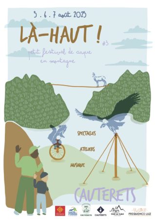 illustration avec un paysage de montagne, des vautours dessinés, un écureuil qui fait du monocycle, un bouquetin sur une corde tendue