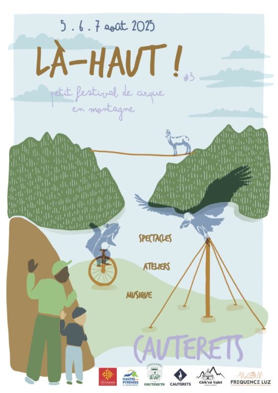 illustration avec un paysage de montagne, des vautours dessinés, un écureuil qui fait du monocycle, un bouquetin sur une corde tendue