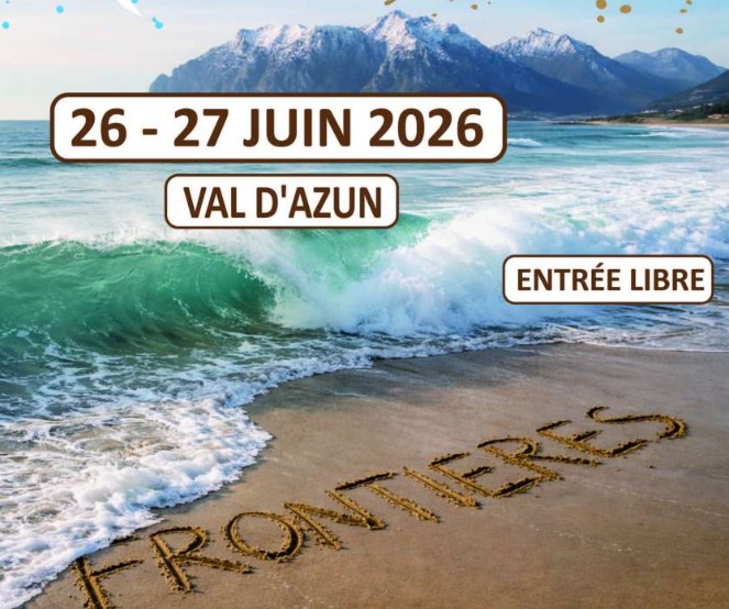plage et montagne avec dans le sable écrit FRONTIERES